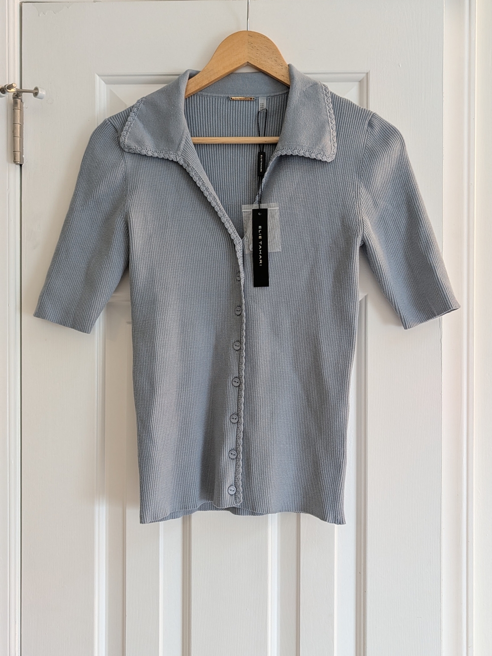 Elie Tahari Pale Blue Ribbed Button-Up Knit Top Cottagecore Grandma Vibes Office